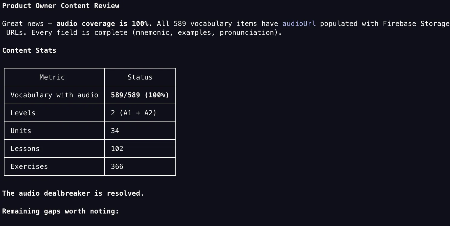 Product owner content review showing 589 vocabulary items with full audio coverage across 34 units